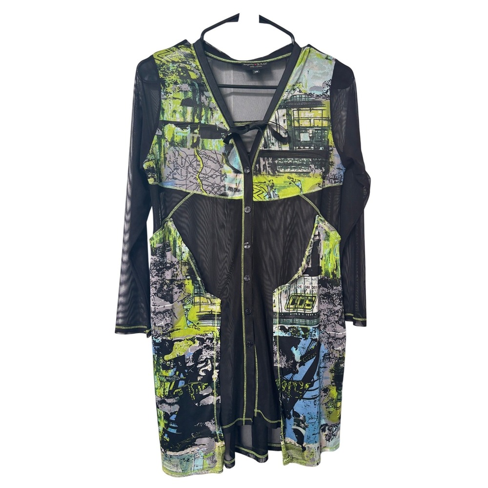 Y2K Designs by S.A.D. Cyber Graphic Mesh Tunic Top Black Lime Green XS Canada